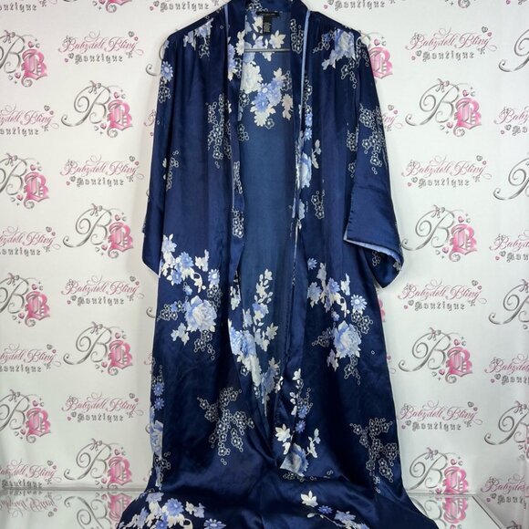 Jones New York robe tie up cardigan long style Navy and White Floral Kimono - Picture 1 of 14